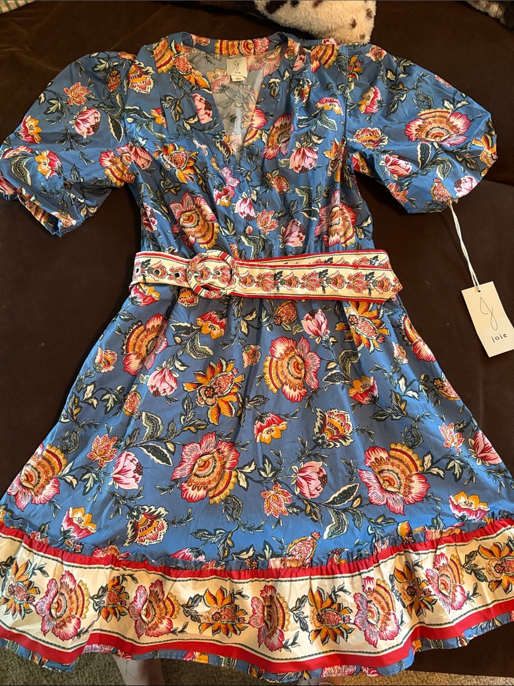 Joie Blue Floral Belted V‑Neck Dress